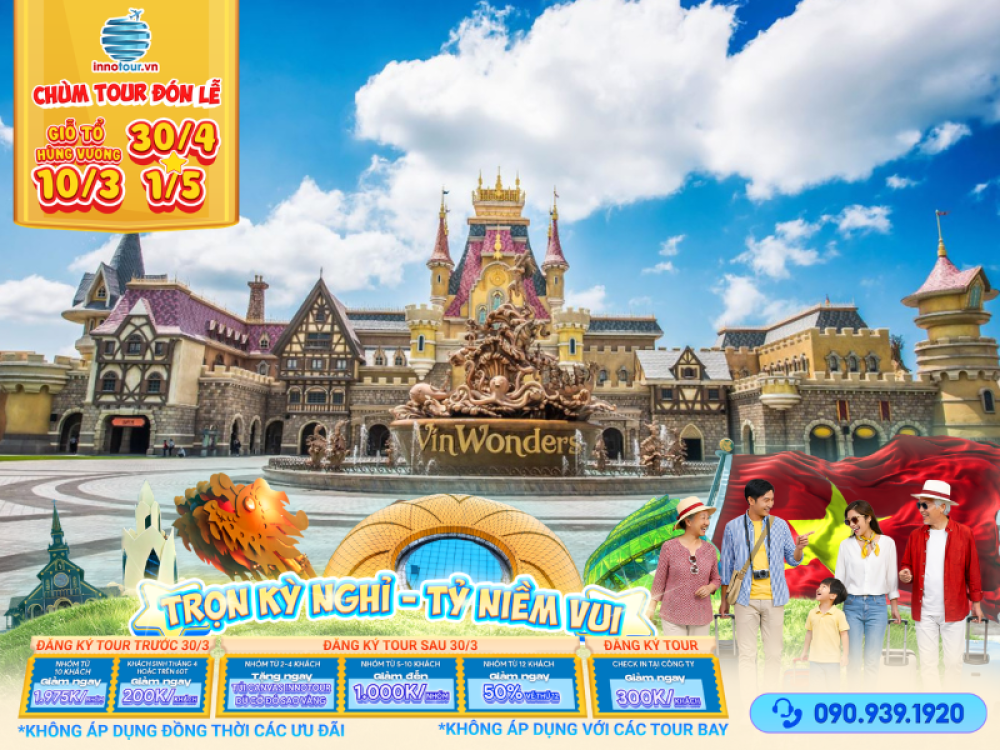 Tour Lễ 30/4 & Giỗ tổ Hùng Vương: Tour Phú Quốc 3N3Đ - Vin Wonder - Chùa Hộ Quốc - Nhà Tù Phú Quốc - Buffet Hải Sản  - Bún Quậy