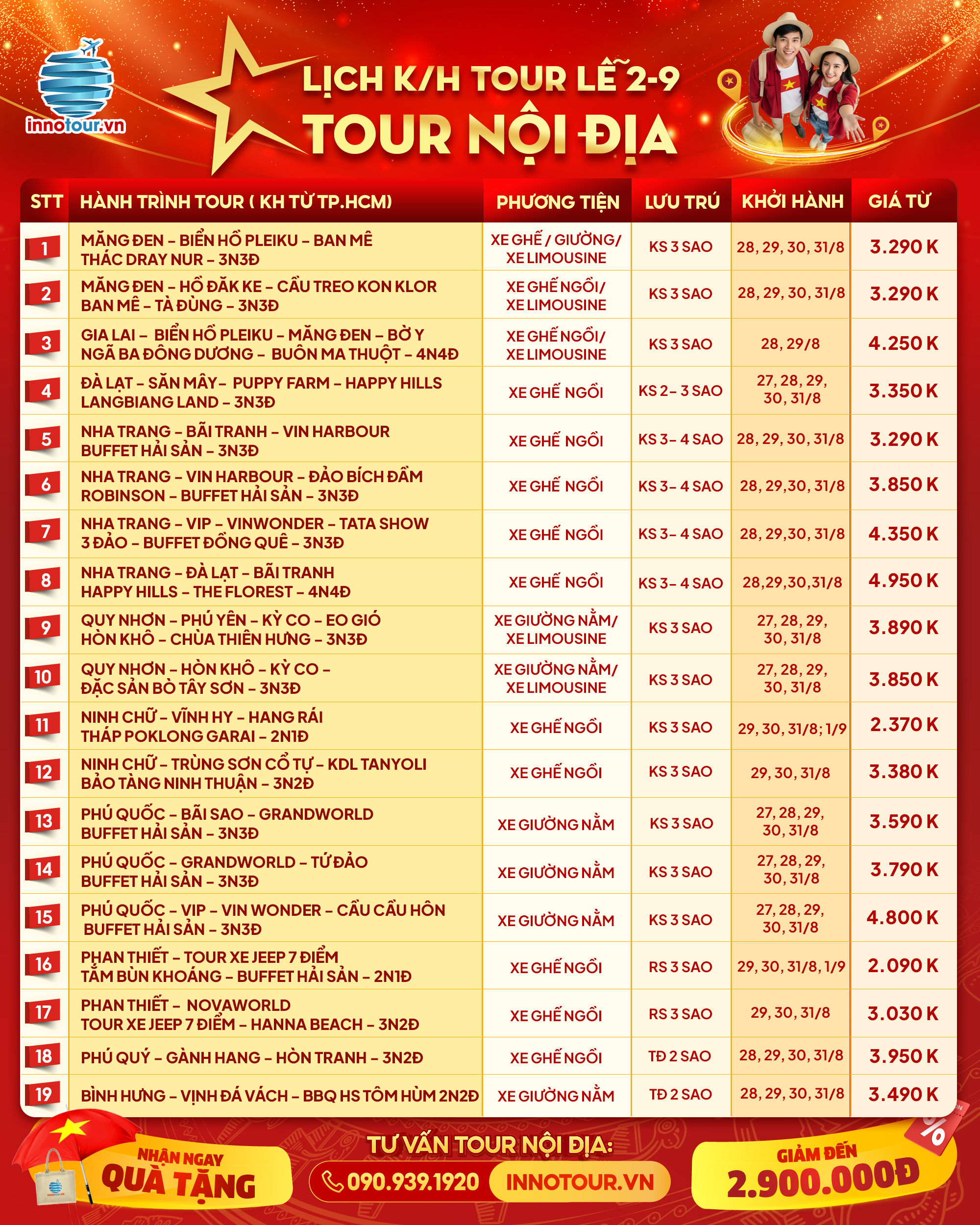 Lịch khởi hành tour lễ 2-9